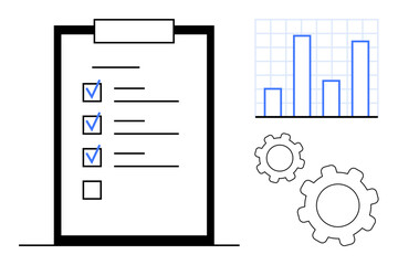 Checklist with completed tasks alongside a bar chart and gears, symbolizing productivity, organization, and workflow management. Ideal for planning, strategy, analysis, progress tracking