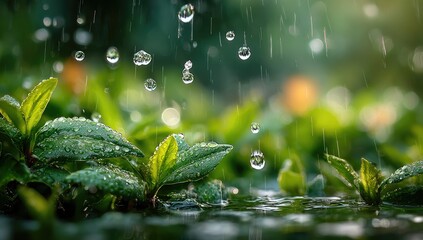 Raindrops on Green Leaves