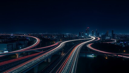 Urban highway interchange at night with light trails, long exposure capturing star bokeh in the dark blue sky.