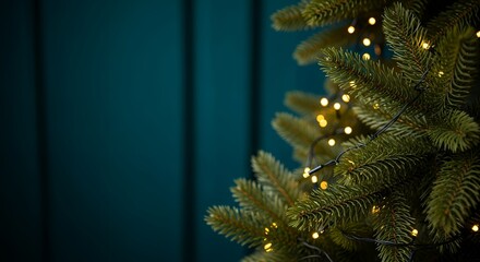 Close up of a green fir tree branch adorned with warm LED string lights against a dark teal textured background Christmas festive decoration holiday glowing season new year