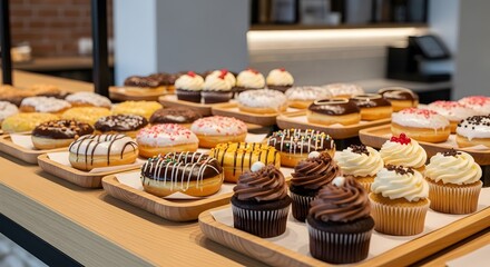 Interior bakery modern display of fresh donuts and cupcakes
