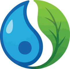 Stylized yin yang symbol with a blue water drop and green leaf nature