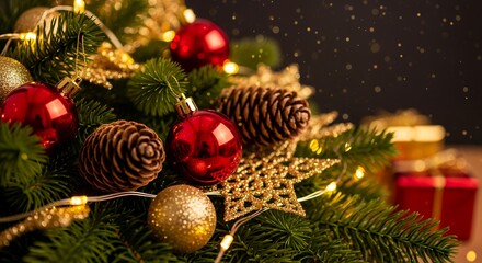 Close up of a decorated Christmas tree with red and gold baubles pine cones illuminated string lights and golden stars with blurred gift boxes in the background decoration