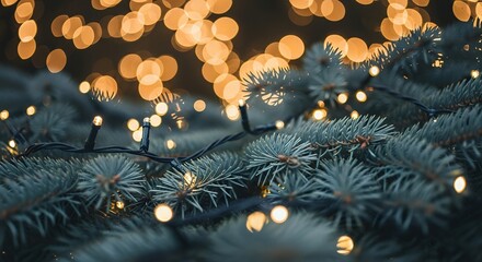Close up on a fir tree branch adorned with warm LED string lights creating a festive atmosphere with a blurred bokeh background of golden yellow lights Christmas Holiday Season