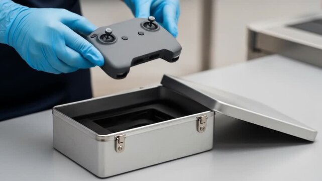 Drone Remote Controller Placed in Metal Case, Close-Up