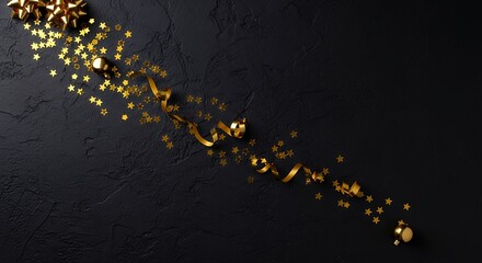 A festive scattering of golden stars serpentine ribbons and shiny spherical ornaments on a dark textured surface celebration party confetti streamer sphere glittering sparkle