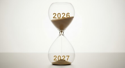 An hourglass filled with sand displays the years 2026 and 2027 illustrating the passage of time and future anticipation countdown waiting passing progress transition object