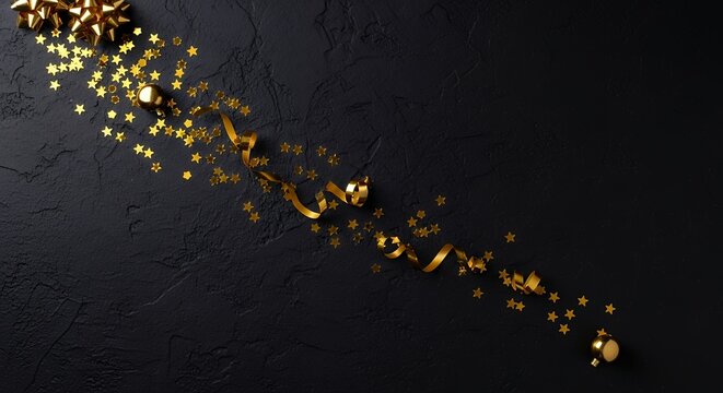 A festive scattering of golden stars serpentine ribbons and shiny spherical ornaments on a dark textured surface celebration party confetti streamer sphere glittering sparkle - Powered by Adobe