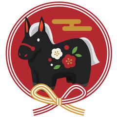 午年アイコン04・黒馬・水引・蝶結び・かわいい・イラスト