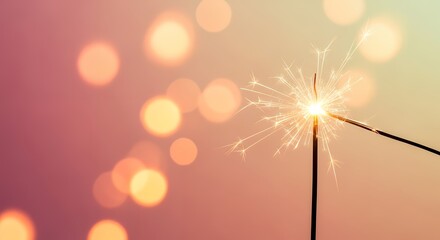 A bright sparkler with numerous glowing particles emits radiant light against a soft blurred background of bokeh circles in warm orange and pink tones celebration firework