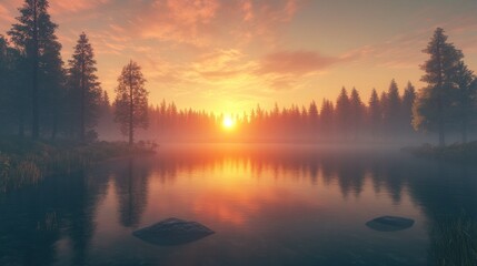 Obraz premium Misty forest lake sunset (1)