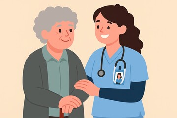 Caring Nurse Assisting Elderly Patient with Warm Smile and Gentle Touch in Healthcare Setting