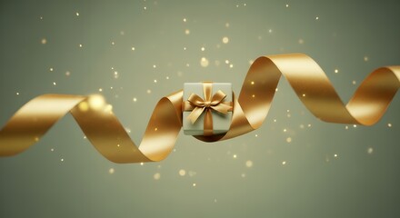 A small white gift box adorned with a golden ribbon and bow is suspended within a flowing golden ribbon against a muted green background with sparkling gold bokeh effects