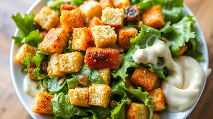 Salad Crunchy, Crisp, and Creamy visualized in a salad where the textures of crisp greens, crunchy croutons, and creamy dressing are emphasized