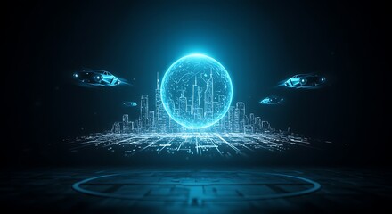 A dazzling futuristic cityscape emerges from a glowing digital sphere, encapsulating the essence of technological innovation, artificial intelligence, and a connected virtual reality