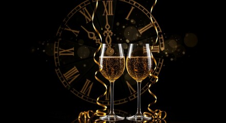 Two champagne glasses filled with bubbly liquid adorned with golden ribbons stand before a large clock face with Roman numerals and shimmering bokeh lights Celebration New Year