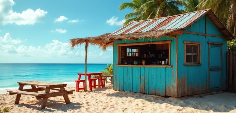 Turquoise beach shack with rustic wooden structure stands on sandy shore. Ocean view with blue sky, white clouds. Open window bar with bottles. Outdoor seating with tables, chairs. Palm trees add