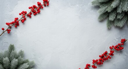Festive arrangement of red berries on branches and frosted pine branches against a textured light gray background Christmas Winter Holiday Decoration Berry Holly Snow Icy