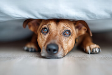 Scared Dog Is Hiding Under The Bed At Home