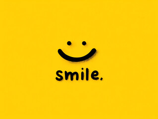 Black smiley face and the word "smile." spray-painted on a bright yellow background, conveying positivity and happiness with a simple, bold design