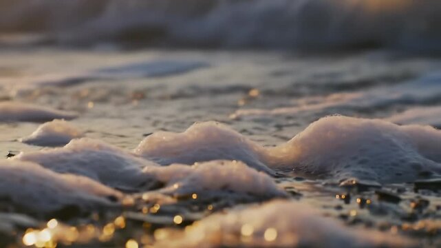 Gentle seafoam waves washing on the shore at golden hour with warm sunlight reflection