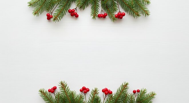 Green pine branches adorned with red berries arranged on a white textured surface creating a festive winter holiday border Christmas natural nature evergreen decoration seasonal - Powered by Adobe