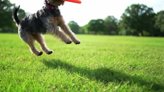 Slow motion of a playful yorkshire terrier dog leaping high to catch a red frisbee in a sunny park