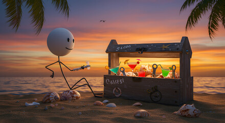 Whimsical Stick Figure Character Enjoying Tropical Cocktails on a Sunset Beach Vacation