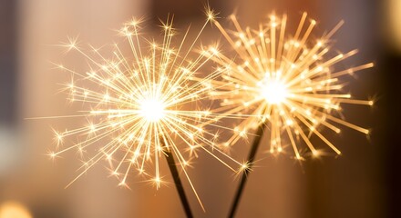 Close up of two bright sparklers emitting glowing light and starburst patterns against a softly blurred background Fireworks Celebration Bokeh Festival Night Party New Year