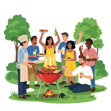 vector of friends barbecue party in nature with characters eating food and drinking together, happy and fun vibes