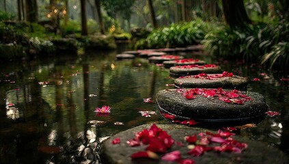 Petal Pathway in a Tranquil Forest Pond