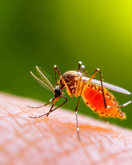 Naklejka premium Mosquito feeding on human skin with a bright green backdrop creating awareness about vector diseases