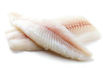 Fresh raw fish fillets with a translucent white and light pink hue, displayed on a clean white background, highlighting their texture and freshness