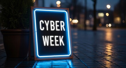 Cyber Week sale promotion with neon sign and nighttime atmosphere