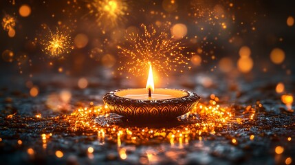 Single lit diya oil lamp surrounded by glowing embers and sparks candle flame