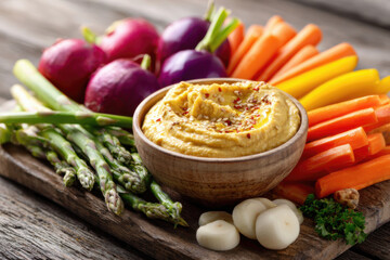 Assorted raw vegetables with homemade hummus on rustic board, healthy and rustic, balanced plant-based diet