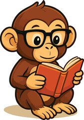 Cartoon Monkey Wearing Glasses Reading a Book on a White Background animal character