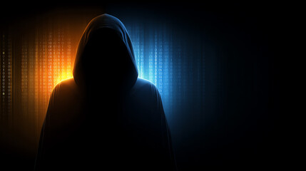 Silhouetted hooded figure stands before a backdrop of glowing binary code, symbolizing hacking, cybersecurity threats, and digital anonymity in a dark cyber environment