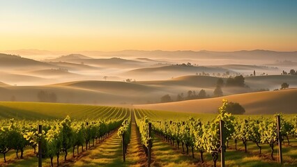 Naklejka premium Vineyard landscape with rolling hills and golden sunrise tones under morning mist.
