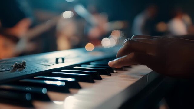 Close medium shot of a keyboard player interacting with a digital key transposer controller the surrounding guest musicians softly blurred emphasizing live song key modulation in a