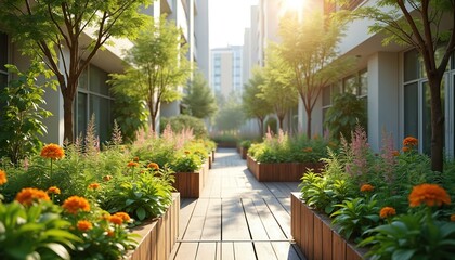 Urban oasis features verdant garden path lined with wooden planters. Plants, orange flowers, pink astilbe bloom beside modern architecture. Sunlight streams down, creating serene, tranquil atmosphere.