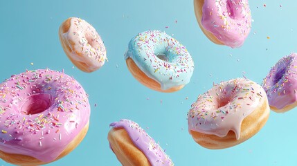 A picture of donuts with colorful glaze flying on a pastel blue studio background