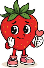 Cute cartoon strawberry character holding a small pink heart with a shy expression on a white background