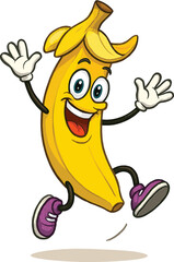 Energetic cartoon banana character jumping with joy and excitement on a white background fruit happy