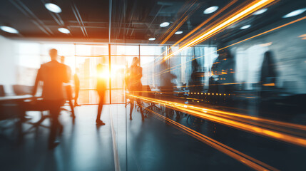 Blurred silhouettes of business people walking in a modern office with warm sunlight and dynamic orange light trails creating a sense of motion and energy