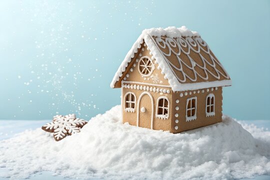 A festive gingerbread house decorated with white icing sits on a snowy mound next to a snowflake cookie.