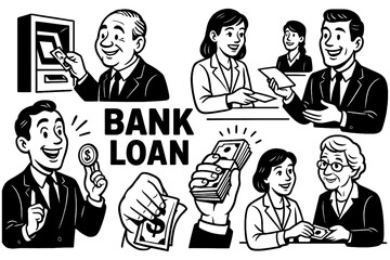 Vintage banking and loan scenes with happy clients, money bags, and financial documents in retro comic style, Transparent Background