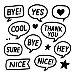 Hand drawn doodle speech bubbles with text phrases and decorative elements, Transparent Background