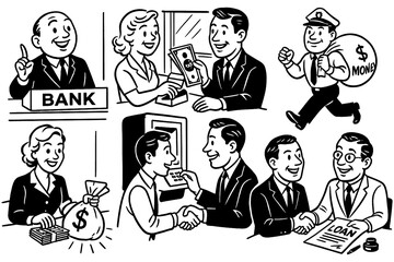 Vintage banking and loan scenes with happy clients, money bags, and financial documents in retro comic style, Transparent Background