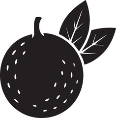 Simple black and white illustration of an orange with leaves.